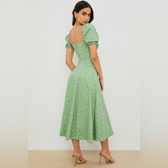 House of Cb Tallulah Olive Midi Green Dress Floral Puff Sleeve Size XS - Picture 5 of 14